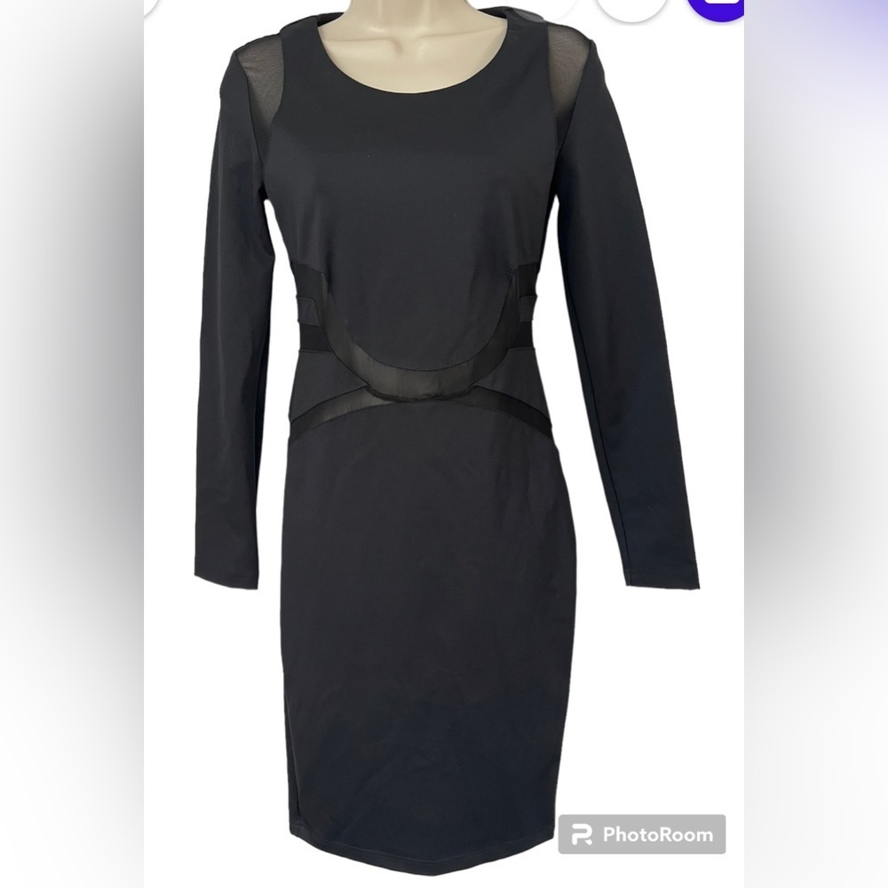 Stella & Jamie Black Mesh Panel Bodycon Dress‎ Small Long Sleeve Cut-Out Sheath